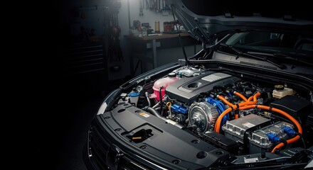Modern car engine under open hood in garage. Hybrid electric vehicle motor detail with orange high voltage cables. Copy space for text