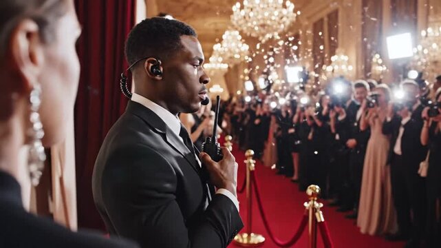 Bodyguard on red carpet protecting VIP at glamorous event with paparazzi flashes and luxury setting.