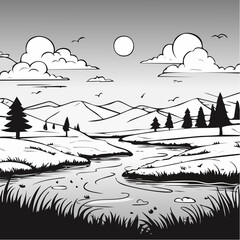 Serene Landscape with River and Mountains Outline.