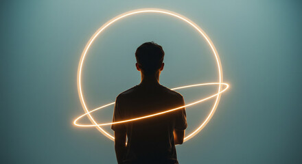 Person views bright orbiting orange light rings in a captivating digital art display. AI Generated