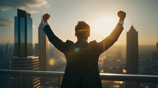 Triumphant businessman celebrates success with arms raised against the cityscape at sunrise feeling powerful and confident reaching ultimate career goals
