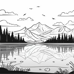 Serene Mountain Lake Landscape Line Art Drawing.