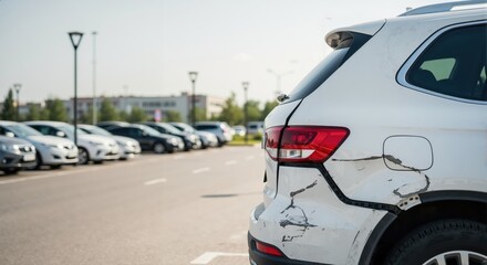 Damaged white car after a collision in a parking lot. Close-up of a scratched and broken rear bumper from an accident. Auto insurance and repair concept