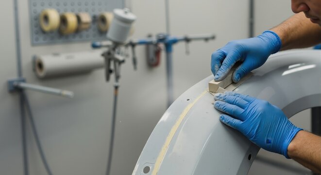 Mechanic sanding a car bumper in an auto body shop. Professional worker preparing a vehicle part for painting. Close-up of hands in gloves during automotive repair