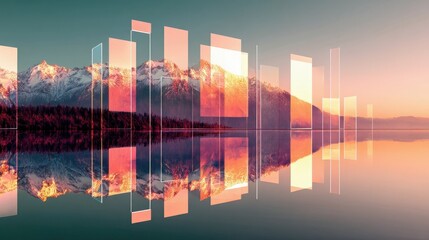 A serene lake reflects snow-capped mountains and a forest under a gradient sky at sunset, overlaid with translucent geometric shapes.