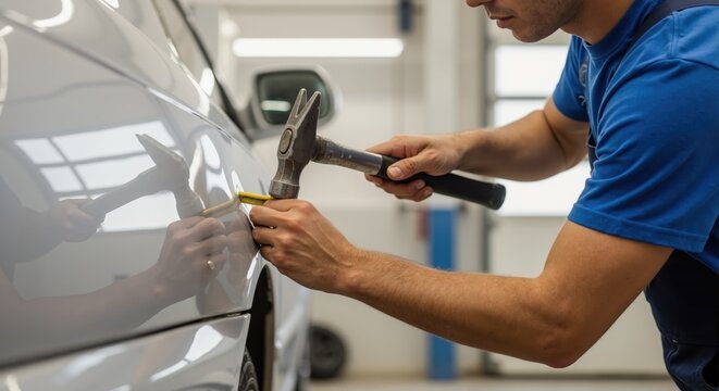 Close-up of a mechanic's hands fixing a car dent with a hammer. Professional auto body repair service in a workshop