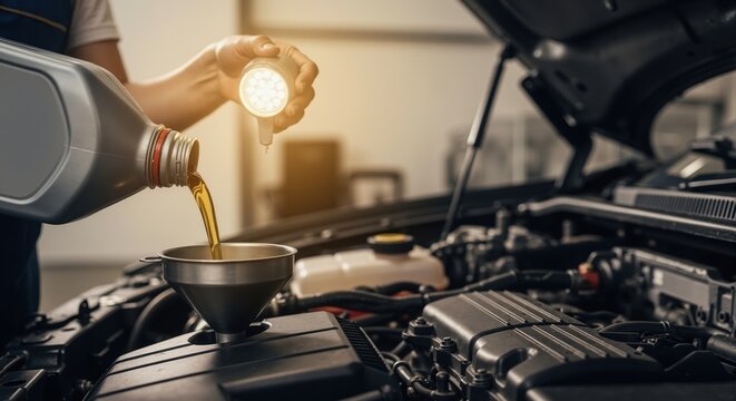 Close-up of a mechanic pouring motor oil into a car engine. Professional auto service and vehicle maintenance in a garage