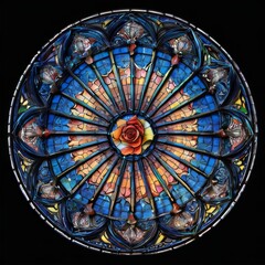 Obraz premium Circular Stained Glass Rose Window with Intricate Colorful Design in Symmetrical Pattern, Central MandalaLike Surrounding, Grandeur and Elegance
