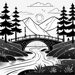Serene Mountain Landscape with Bridge and River.