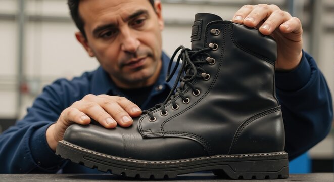 Professional worker examining black leather safety boot. Industrial quality control inspection in factory workshop - Powered by Adobe