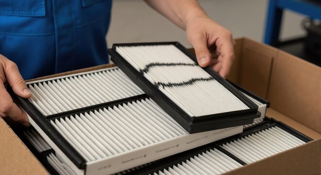 Mechanic holding new car air filter over a box. Automotive spare parts inventory in warehouse. Vehicle maintenance concept