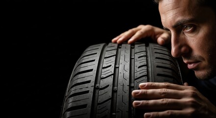 Close-up of a mechanic inspecting car tire tread on a black background. Man checking rubber wheel for safety and maintenance. Copy space