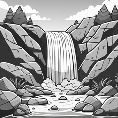 Monochromatic Waterfall Landscape with Rocks and Trees.