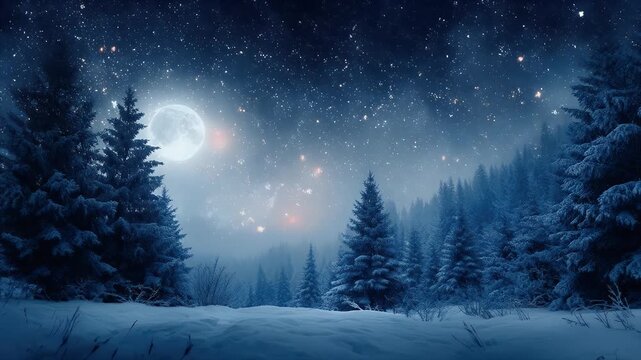 Experience a magical winter night scene with a full moon shining over snow-covered pine trees under a sky filled with twinkling stars for your project