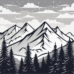 Monochrome Mountain Landscape with Pine Trees and Snow.