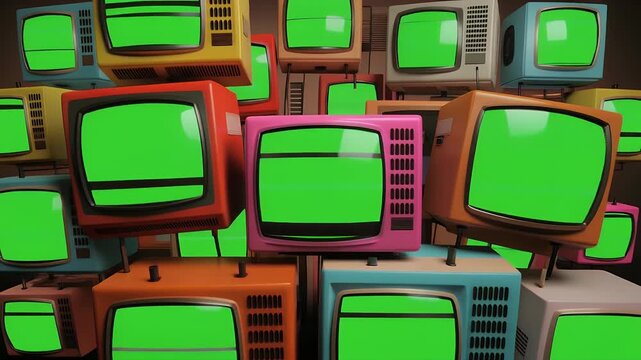 Nostalgic retro TV wall with vibrant green screens for dynamic content insertion in your projects- perfect for creative video edits and animations