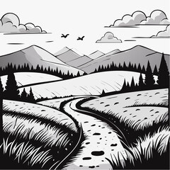 Scenic Black and White Landscape Illustration.