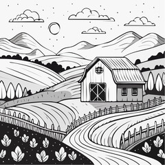 Rural Farm Landscape with Barn and Fields 1.