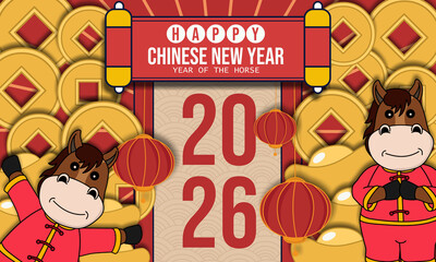 Festive CNY design featuring two cheerful horse mascots, gold coins, lanterns, and bold “2026” centerpiece. Bright red–gold palette suited for greetings, promos, and seasonal digital assets.