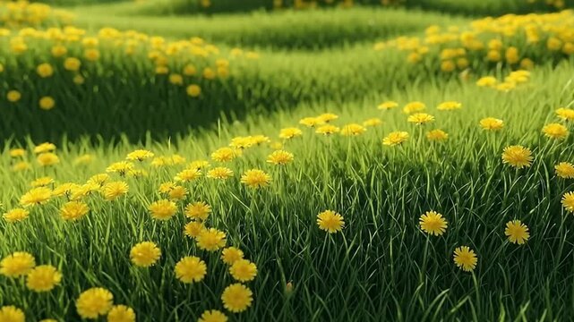 A serene and vibrant natural landscape unfolds, showcasing gently rolling hills covered in lush, verdant green grass interspersed with countless bright yellow wildflowers, likely dandelions, basking i