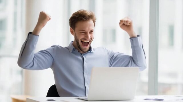 Triumphant Achiever: A moment of elation is captured as a businessman celebrates a professional milestone, arms raised in joyful victory.
