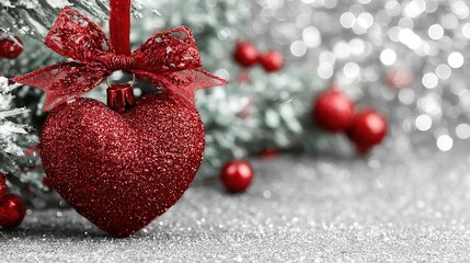 Heart-shaped Xmas bauble amid snowy forest, metallic red filigree & gold bow—ideal for brand poster, story sticker, packaging hero