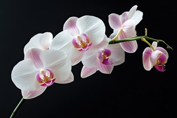 A vibrant orchid branch with white and pink flowers, set against a dark background.