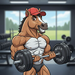 A muscular horse doing barbell curls in the gym