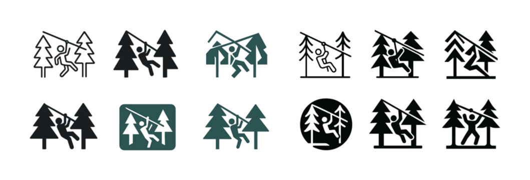 Icon set: ziplining in pine forest - adventure symbols in black and green