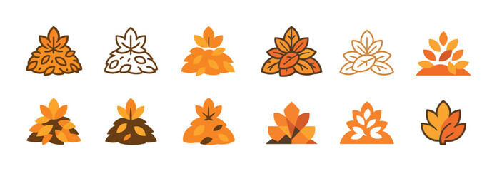 Autumn leaves icon set: orange, yellow, brown foliage in stylized designs
