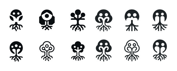 Collection of black and white symmetrical tree-inspired alien logos