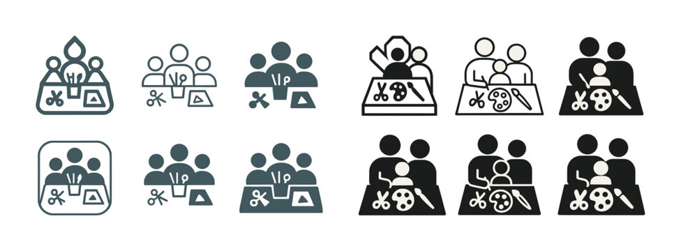 Icon set of people engaged in craft activities with art supplies