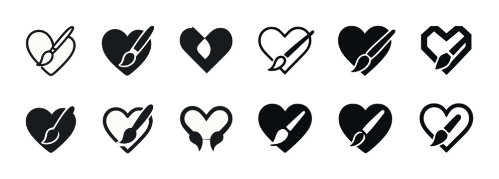 Heart and paintbrush icon set: art and love symbols for creative design