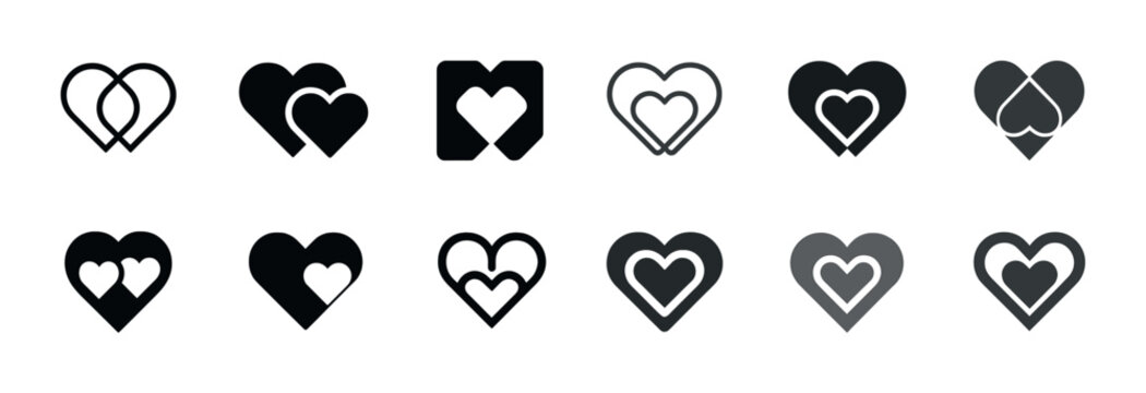 Monochrome heart icon set featuring diverse interlocking designs
