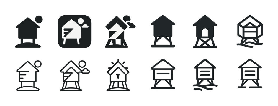 Set of house icons on stilts in various design styles and formats
