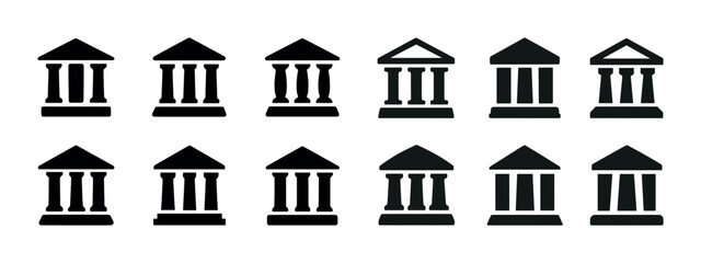 Set of twelve black silhouette bank building icons on white background