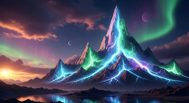 Spectacular Mountain Vista Illuminated Peaks Under Aurora Borealis
