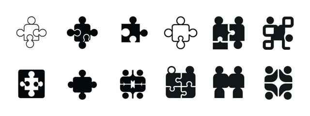 Collection of abstract puzzle icons and silhouettes in black and white designs