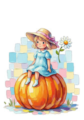 Watercolor Girl on Pumpkin with Daisy Illustration.