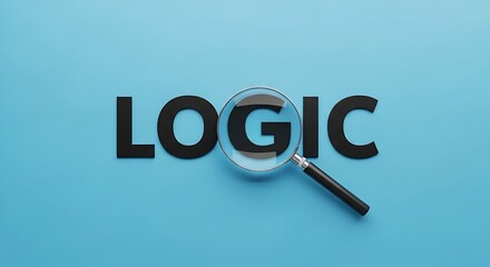 Magnifying glass focusing on the letter g in the word logic displayed in black text on a light blue background