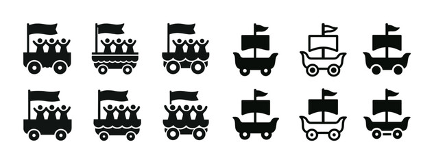 Black and white cartoon ships and carriages with flags