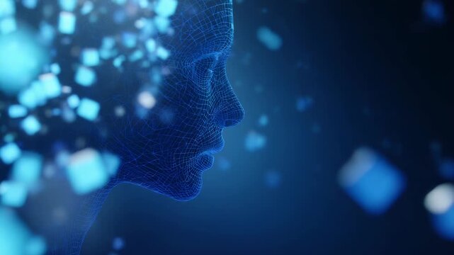 Artificial Intelligence Wireframe Face with Floating Cubes Concept