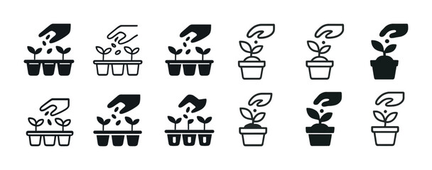 Fototapeta premium Growth symbols: hands nurturing seedlings in pots and containers