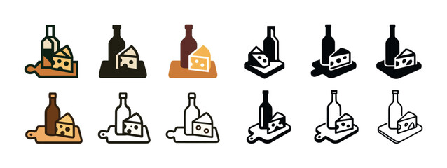 Wine bottle and cheese icon set in various styles and colors