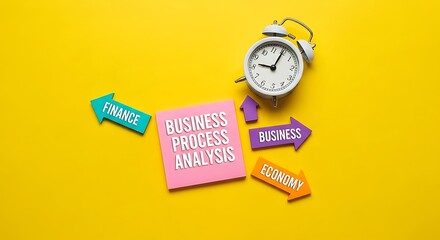 Alarm clock and sticky notes with business process analysis concept on bright yellow background