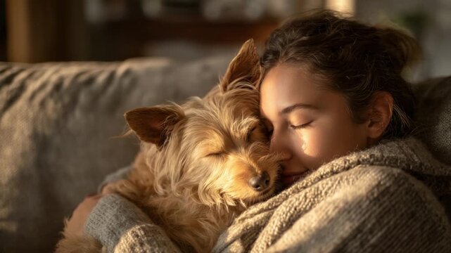 Comforting Embrace: A serene moment captured as a person tenderly embraces their canine companion. Sunlight streams in, illuminating the bond between the two, radiating warmth and tranquility.