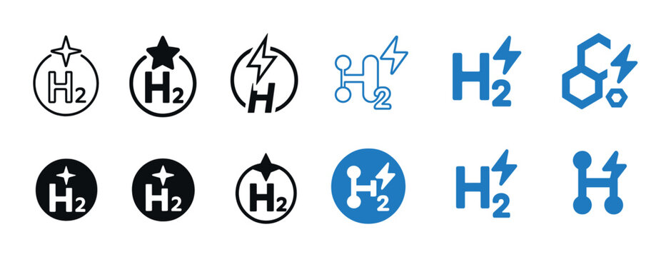 Hydrogen icons set: h2 molecule symbols and energy logos in black and blue