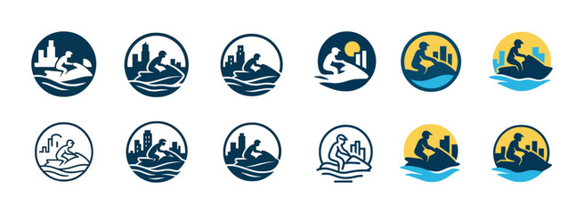 Icon set of jet ski riders with cityscape backgrounds in various colors