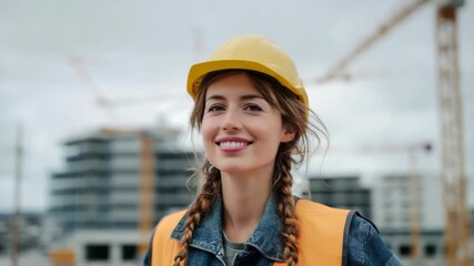Smiling female construction worker at building site with hard hat