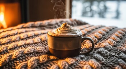 Steaming mug of hot cocoa with whipped cream on a cozy knitted blanket